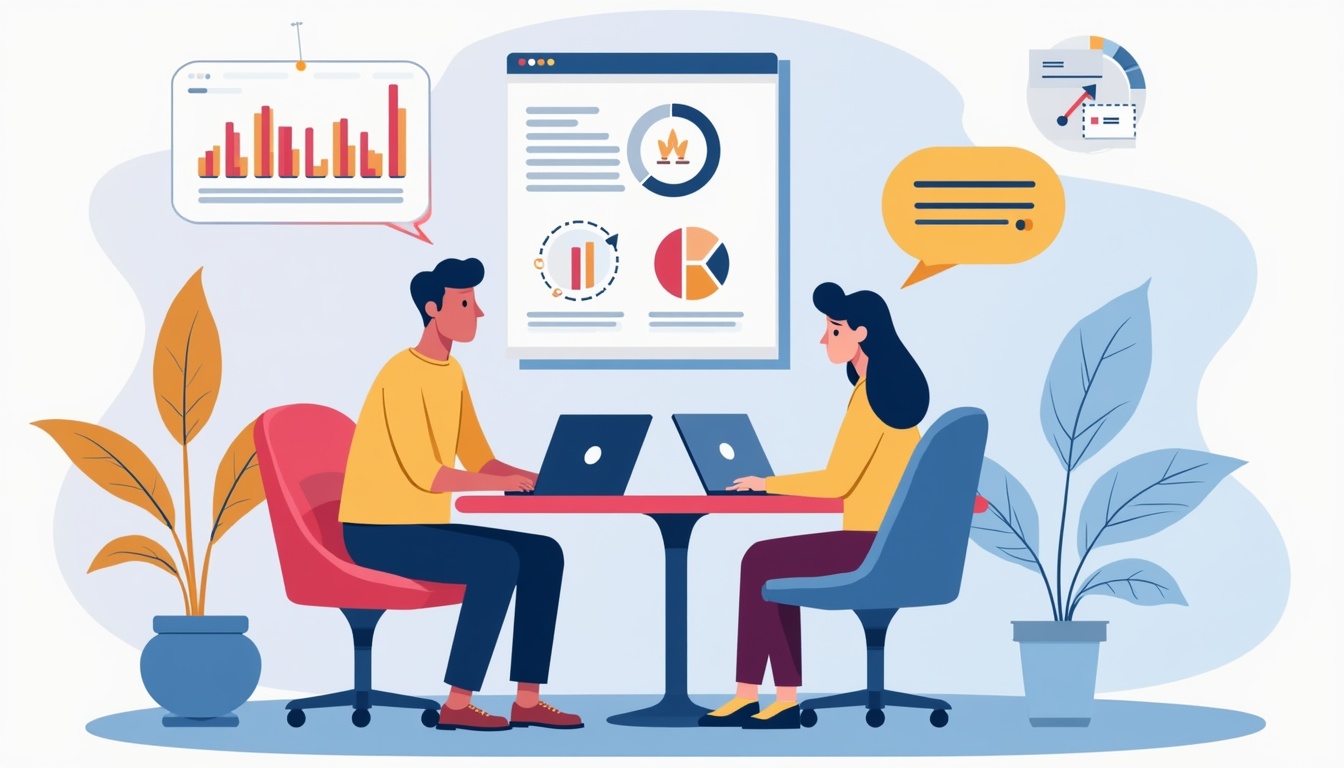 Ilustrație cu un computer, elemente de design web, și etichete de preturi, simbolizând realizarea unui site web și costurile